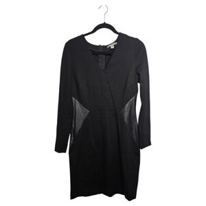 Banana Republic Black Sheath Dress Faux Leather Side Inserts, Gold Zipper Size 8